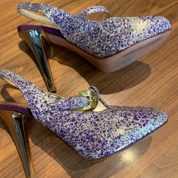 Giorgio Piergentili peep toe sling back heel, metallic gold, ivory, purple, s 6 - Picture 2 of 15